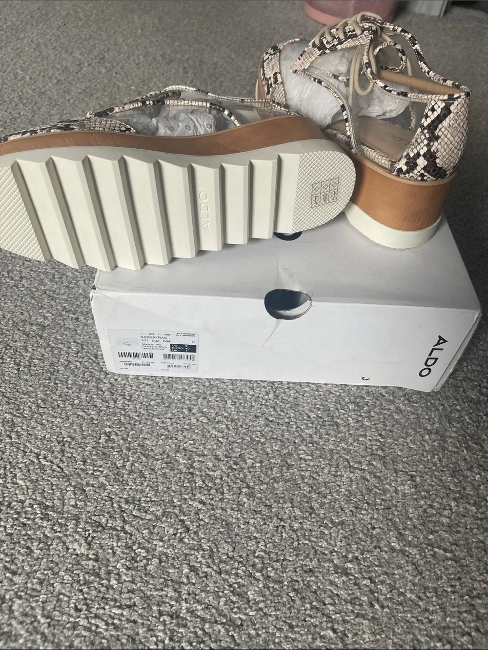 Aldo Beige Snake-Print Platform Oxfords with Clear Panels